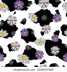 Cow print with Purple Daisies seamless pattern background