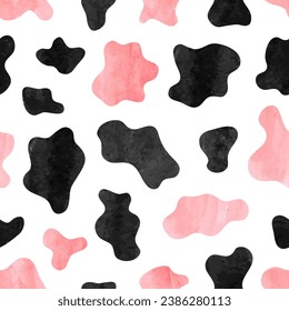 Cow print seamless pattern in pink and black colors. Vector trendy watercolor illustration