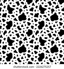 Cow print seamless pattern. Repeated black spot cow on white background. Milk texture for design prints. Repeating dapple skin. Repeat moo animal.Leather printed. Modern printing. Vector illustration