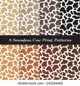 Cow Print Seamless Patterns In 8 Natural Colors. Perfect For Milk Or Ice-cream Ad Background. Pattern Swatches Made With Global Colors - Easy To Change All Patterns In One Click.