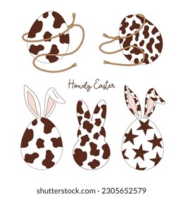 Cow printed Easter rodeo eggs vector illustration set. Western Easter aesthetic print design. 