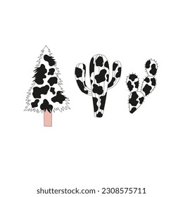 Cow printed fir tree and cactus hand drawn vector illustration set isolated on white.