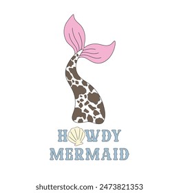  Cow printed mermaid tail vector illustration. Coastal howdy pre-made card 