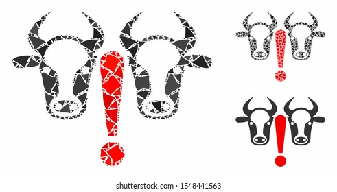 Cow problem composition of tuberous pieces in variable sizes and color tints, based on cow problem icon. Vector unequal parts are organized into composition.