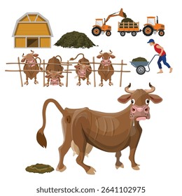 A cow producing manure as organic, eco-friendly fertilizers in a funny cartoon farm scene with a barn, natural composting, a farmer, and agricultural machinery. Vector illustration isolated on white 