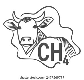 Cow is producing methane ch4 emissions, one of greenhouse gases. Global ecology problem and strategy concept. Doodle style