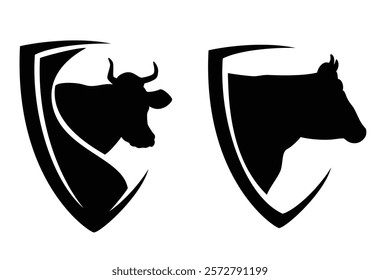 cow profile head in simple heraldic shield - milk and meat cattle farming black and white vector emblem design set