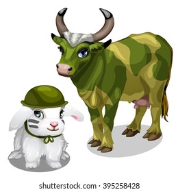 Cow in protective colouring and white rabbit in a green helmet. Vector illustration.