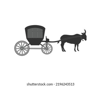 Cow pulling carriage, traditional transportation silhouette nature concept