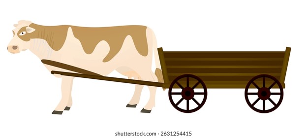 Vaca tirando de remolque de madera. Vector