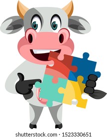 Cow with puzzle, illustration, vector on white background.