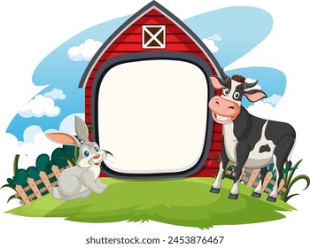 Cow and rabbit beside a barn-shaped frame.