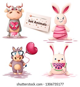Cow, rabbit, rhino - set animals Vector eps 10