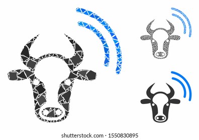Cow radio signal mosaic of bumpy parts in different sizes and color tints, based on cow radio signal icon. Vector inequal parts are united into collage.