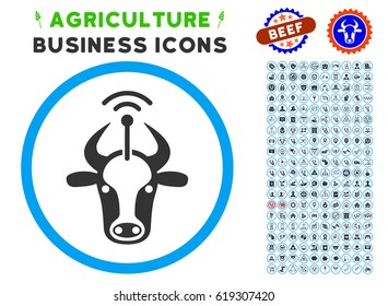 Cow Radio Transmitter rounded icon with agriculture commercial icon package. Vector illustration style is a flat iconic symbol inside a circle, blue and gray colors.