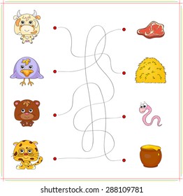 Cow, raven, bear and jaguar with their food (meat, hay, worm and pot of honey). Game for children: go through the maze and find the right answer