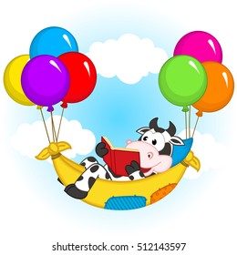 cow reading a book and flies on balloons in hammock - vector illustration, eps
