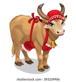 Cow in a red apron. Vector illustration.