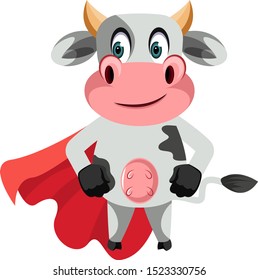 Cow with red cape, illustration, vector on white background.