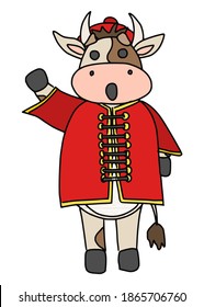 cow in red chinese suit and hat. vector doodle illustration