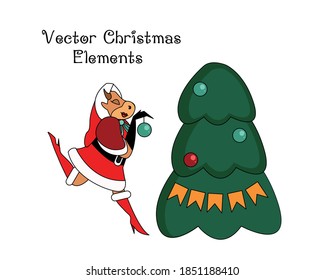 Cow in red Santa Claus costume decorates the Christmas tree. New Year card. Christmas Print on Pajamas, T-shirt, Sweatshirt. Vector illustration isolated on white background. Vector 
elements.