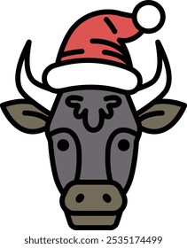 A cow with a red Santa hat on its head. The hat is a festive and cheerful addition to the cow's appearance