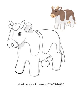 Cow, red, sweet, plush toy. Coloring. Black and white drawing. Vector illustration. Coloring, black and white picture for coloring, color pencils. Children's creativity.On a white background.

