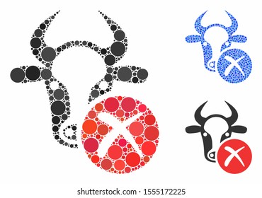 Cow reject mosaic of circle elements in variable sizes and shades, based on cow reject icon. Vector circle elements are combined into blue mosaic. Dotted cow reject icon in usual and blue versions.