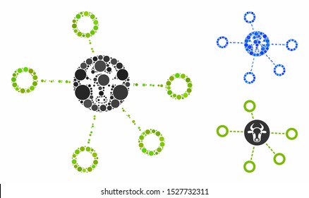 Cow relations mosaic of filled circles in various sizes and color tones, based on cow relations icon. Vector filled circles are organized into blue collage.