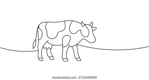 Vaca em pose relaxada. Linha contínua desenho preto de pecuária pacífica no cenário rural