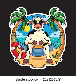 Cow relaxing on the beach illustration premium vector  The Concept of Isolated Technology. Flat Cartoon Style Suitable for Landing Web Pages, Banners, Flyers, Stickers, Cards