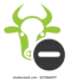 Cow Remove halftone vector pictogram. Illustration style is dotted iconic Cow Remove icon symbol on a white background. Halftone pattern is circle blots.