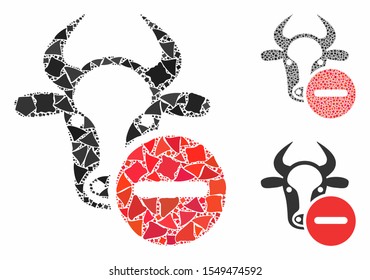 Cow remove mosaic of uneven parts in variable sizes and color tones, based on cow remove icon. Vector irregular parts are grouped into mosaic. Cow remove icons collage with dotted pattern.