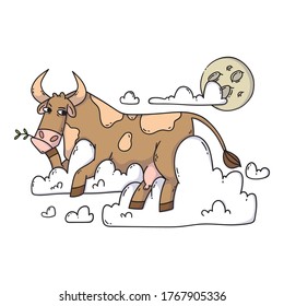 Cow resting on the clouds and looking at the moon. Relax and dreaming. Funny, humor, cartoon animal illustration.