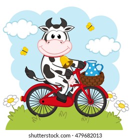 Cow Riding A Bicycle With Milk - Vector Illustration, Eps