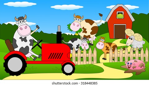 cow riding on a tractor ,vector illustration