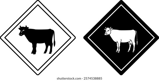 Cow Road Signs. Black and White Vector Icons. Road Sign Warning Animals Crossing Road. Farm, Cattle. Sticker for Zoo