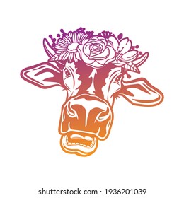 Cow Rose Flower with Vintage Animal Design. Heifer Floral frame ornament vector style. Decoration Design Wreath illustration.