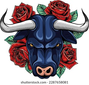 Cow and roses on black background. Neon colors. Flowers. Suitable for printing on t-shirts, hoodies and other clothing. For posters, covers, cards.