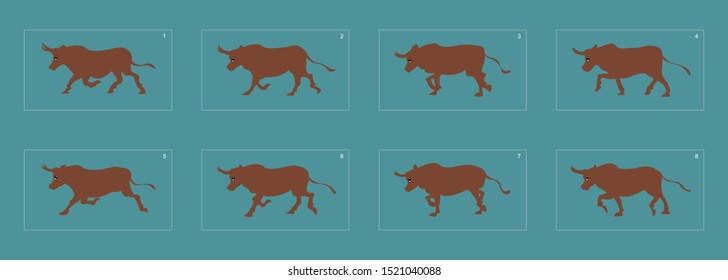 Cow run cycle animation sprite sheet. frame by frame classic animation for custom animation or motion design for custom animation.