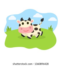 cow run on the green field,happy cows run in the grasslands,cartoon cow vector,animals illustration.vector cartoon