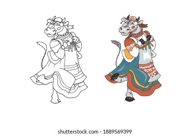 Cow in Russian national dress dancing. Black and white and color version for coloring, vector illustration,