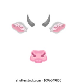 Cow s face elements - ears, nose and horns. Carnival mask of domestic animal. Detailed flat vector design for sticker of mobile messenger
