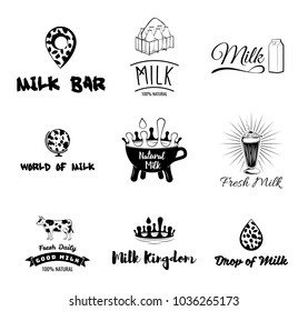 Cow s milk labels, emblems, icons and design elements. Fresh milk from the farm. Vector illustration isolated on white background.