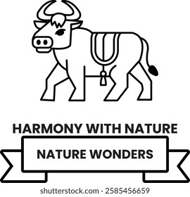 A cow with a saddle on its back in the style of sign illustrations