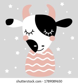Cow in Scandinavian style design for nursery. Funny poster. Vector illustration square composition