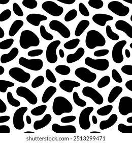 Cow seamless pattern aesthetics. Black and white modern background. Animal skin texture with spots. Vector design.