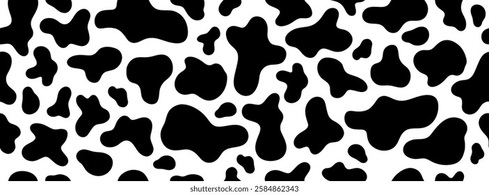 Padrão Sem Costura De Vaca. Pele animal impressão na moda. Desenho para têxteis. Pontos pretos no fundo branco. Ilustração de vetor desenhada à mão