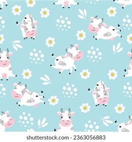 Cow seamless pattern. Cartoon cows fabric print, baby cloth animal design. Positive farm animals and white chamomile. Decorative nowaday vector design