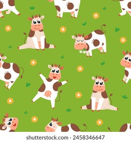 Cow seamless pattern. Cartoon cows, funny dairy farm characters. Textile, wrapping, apparel design childish print template, classy vector background